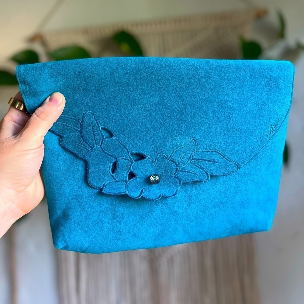 Vintage Turquoise Suede Floral Clutch Purse Handmade Boho Evening Bag Flower